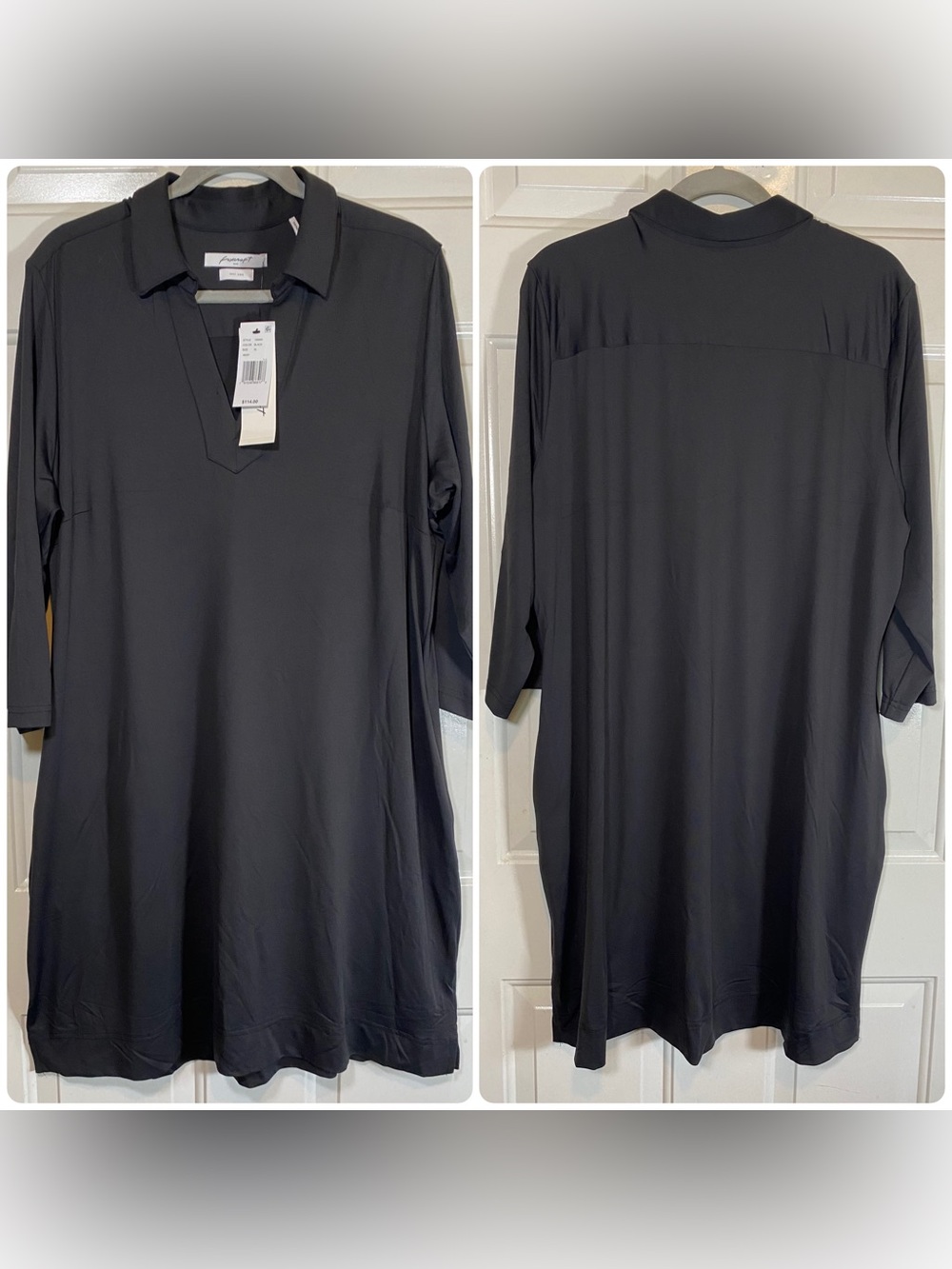 Foxcroft Easy Care ¾ Sleeve Knee Length Collared Shirt Dress Size XL Black NWT